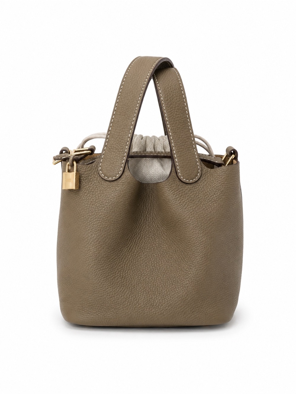 Taupe Pebbled Leather Drawstring Tote - Women